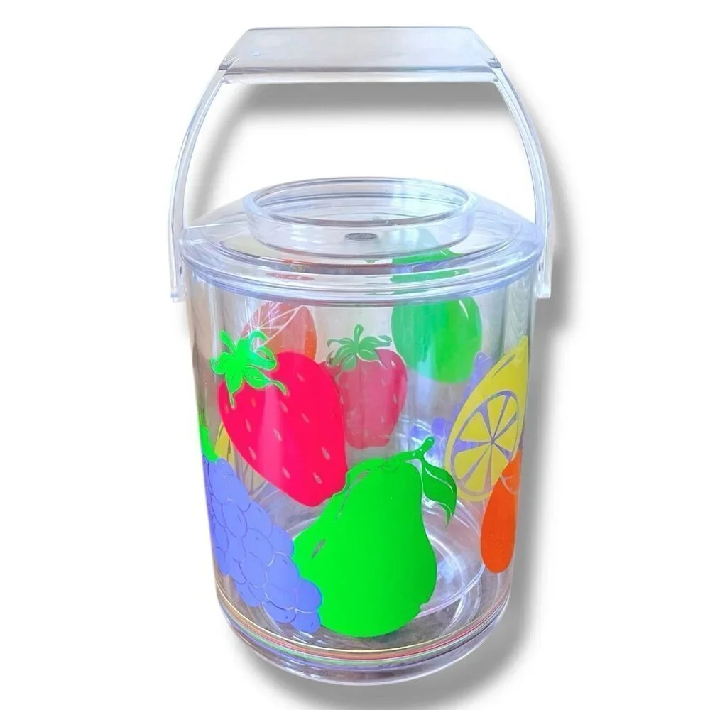 Vintage 1980s Culver Tutti Frutti Ice Bucket Clear Acrylic Fruit Print Barware